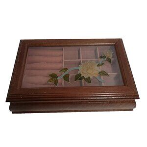 Vintage Mele Japan Solid Wood Jewelry Box Clear Glass Lid Painted Floral Design